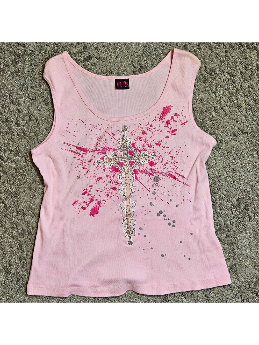 D to K (Dress to Kill) Women's L Pink Scoop Neck Cross Rhinestone Tank Top